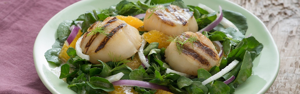 Watercress Salad with Grilled Scallops and Orange Dressing
