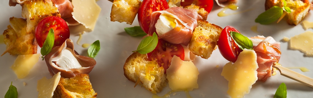 Mozzarella Prosciutto, and Tomato Skewers