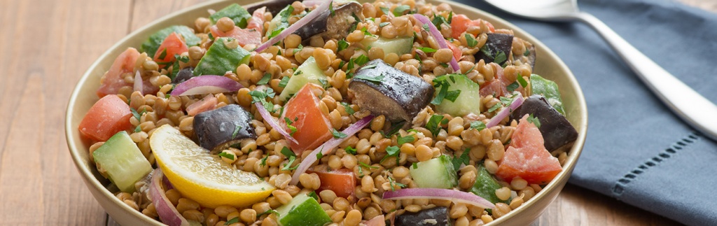 Roasted Eggplant and Lentil Salad with Tahini Dressing
