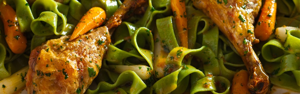 Roast Lemon-Parsley Chicken Drumsticks with Fettuccine and Carrots