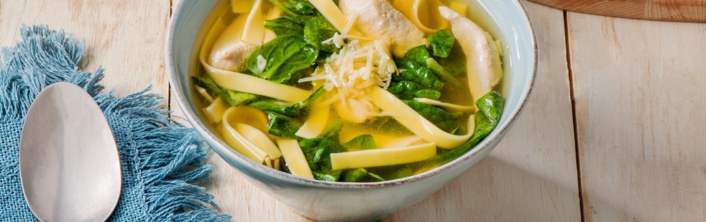 Chicken Noodle Soup with Spinach and Basil