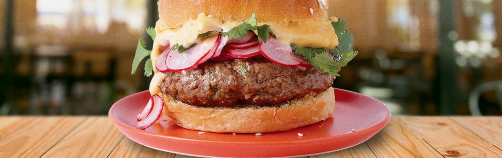 Asian Beef Burgers with Sriracha Mayo and Radishes
