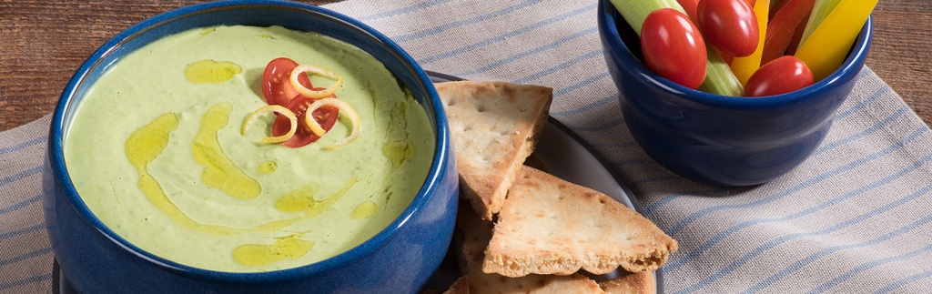 Creamy Pea and Pesto Dip with Crackers and Crudités