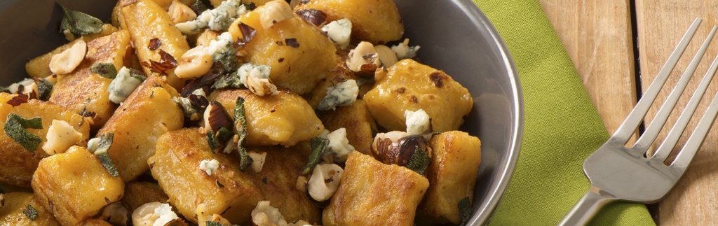 Pumpkin Gnocchi with Blue Cheese and Hazelnuts