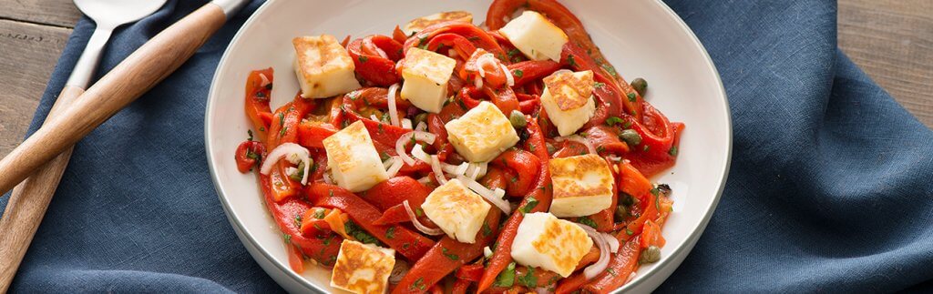 Halloumi with Marinated Roasted Red Pepper and Caper Salad